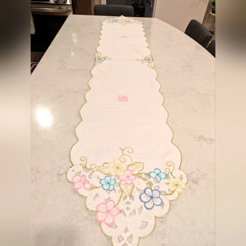 Floral Embroidered Table Runner - White with Multicolor Accents 70" x 12" New